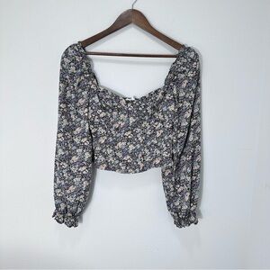 ASTR Ditsy Floral Smocked Cropped Bodice Long Puff Sleeve Blouse Size S